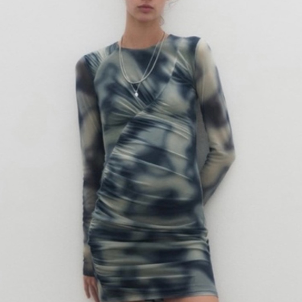 Zara Blue and Cream Long Sleeve Dress